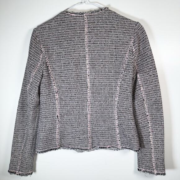 Rebecca Taylor Tweed Jacket Size 4 Zip Front Fringe Trim Pink Workwear Blazer - Picture 3 of 11